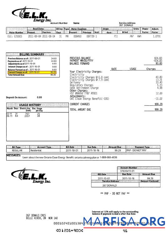 Printable Canada ELK energy utility bill template, fully editable in PSD format